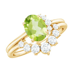 Real 1 Carat Oval Peridot Engagement Ring with Diamond Wedding Band