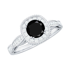 5mm Round Shape Black Onyx Vintage Engagement Ring with Diamond Halo