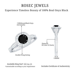 5mm Round Shape Black Onyx Vintage Engagement Ring with Diamond Halo