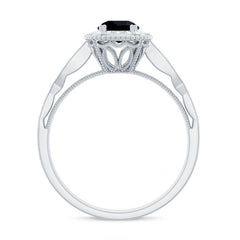 5mm Round Shape Black Onyx Vintage Engagement Ring with Diamond Halo