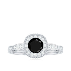 5mm Round Shape Black Onyx Vintage Engagement Ring with Diamond Halo