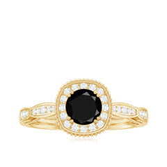 5mm Round Shape Black Onyx Vintage Engagement Ring with Diamond Halo