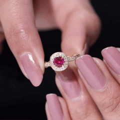 Vintage Inspired Round Created Ruby Engagement Ring with Diamond Halo
