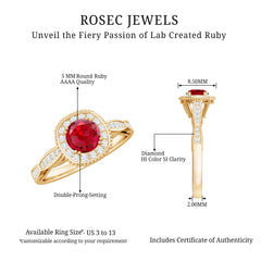 Vintage Inspired Round Created Ruby Engagement Ring with Diamond Halo