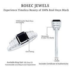 Asscher Cut Black Onyx Engagement Ring with Baguette Moissanite