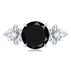 Created Black Diamond Solitaire Flower Engagement Ring with Accent