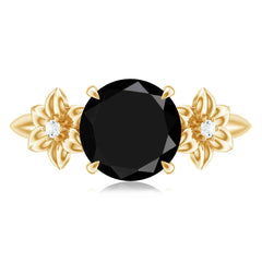 Created Black Diamond Solitaire Flower Engagement Ring with Accent