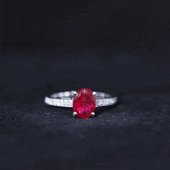 Oval Lab Grown Ruby Solitaire Ring with Moissanite Side Stones