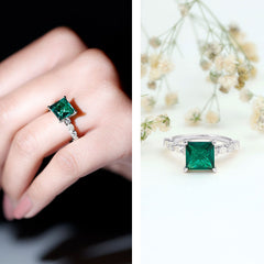 8 MM Solitaire Lab Emerald Princess Cut Engagement Ring with Moissanite