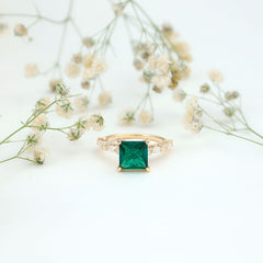 8 MM Solitaire Lab Emerald Princess Cut Engagement Ring with Moissanite