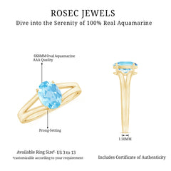Genuine Oval Aquamarine Solitaire Engagement Ring in Split Shank