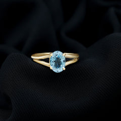 Genuine Oval Aquamarine Solitaire Engagement Ring in Split Shank