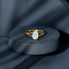 Genuine 6X8 mm Oval Ethiopian Rainbow Opal Split Shank Engagement Ring