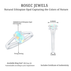 Genuine 6X8 mm Oval Ethiopian Rainbow Opal Split Shank Engagement Ring