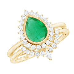 Natural Emerald Diamond Pear Shape Engagement Ring and Wedding Band Set