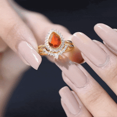 Real 0.6 Carat Fire Opal Teardrop Wedding Ring Set with Diamond Halo