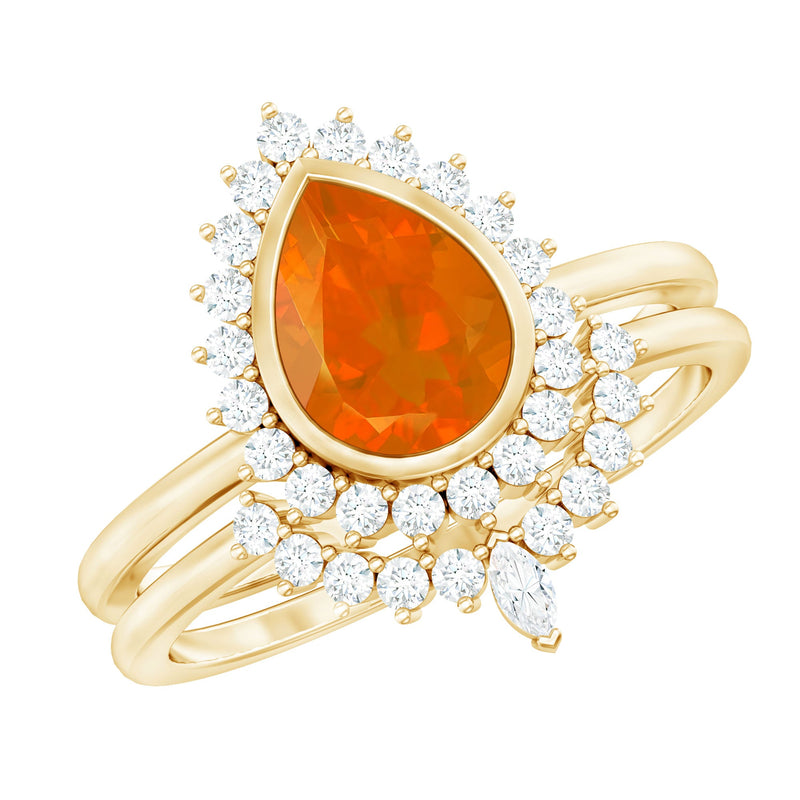 Real 0.6 Carat Fire Opal Teardrop Wedding Ring Set with Diamond Halo