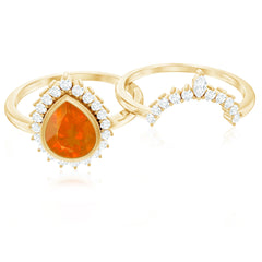Real 0.6 Carat Fire Opal Teardrop Wedding Ring Set with Diamond Halo