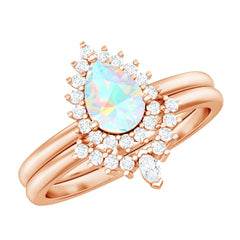 Genuine Pear Shape Rainbow Opal Vintage Inspired Engagement Ring with Enhancer