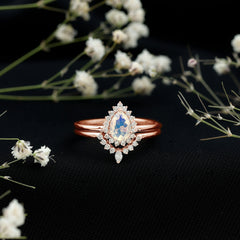 Genuine Pear Shape Rainbow Opal Vintage Inspired Engagement Ring with Enhancer