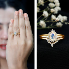 Genuine Pear Shape Rainbow Opal Vintage Inspired Engagement Ring with Enhancer