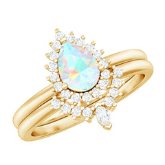 Genuine Pear Shape Rainbow Opal Vintage Inspired Engagement Ring with Enhancer