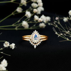 Genuine Pear Shape Rainbow Opal Vintage Inspired Engagement Ring with Enhancer