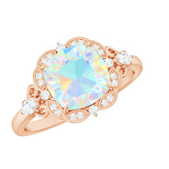Real Cushion Cut Ethiopian Opal Antique Looking Engagement Ring with Diamond
