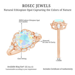 Real Cushion Cut Ethiopian Opal Antique Looking Engagement Ring with Diamond