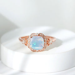 Real Cushion Cut Ethiopian Opal Antique Looking Engagement Ring with Diamond