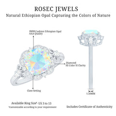 Real Cushion Cut Ethiopian Opal Antique Looking Engagement Ring with Diamond