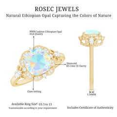 Real Cushion Cut Ethiopian Opal Antique Looking Engagement Ring with Diamond