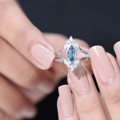 4X8mm Marquise Cut London Blue Topaz Cocktail Ring with Diamond