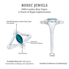 4X8mm Marquise Cut London Blue Topaz Cocktail Ring with Diamond