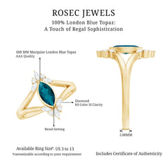 4X8mm Marquise Cut London Blue Topaz Cocktail Ring with Diamond