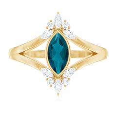 4X8mm Marquise Cut London Blue Topaz Cocktail Ring with Diamond