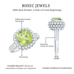Antique Style 2 Carat Cushion Cut Peridot Engagement Ring with Moissanite Halo