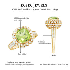 Antique Style 2 Carat Cushion Cut Peridot Engagement Ring with Moissanite Halo