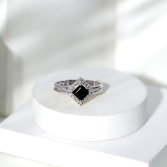 Real Black Onyx and Diamond Princess Cut Engagement Ring With Ring Guard