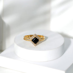 Real Black Onyx and Diamond Princess Cut Engagement Ring With Ring Guard