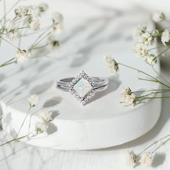 Natural Princess Cut Ethiopian Opal Engagement Ring with Enhancer