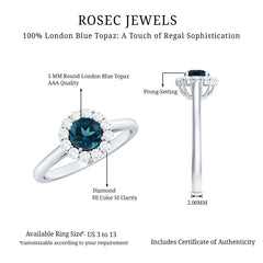Certified London Blue Topaz and Diamond Halo Engagement Ring