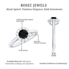 Minimalist Black Spinel Engagement Ring with Diamond Halo