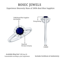 1.5 CT Floral Blue Sapphire Engagement Ring with Diamond Halo