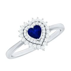 Blue Sapphire Heart and Diamond Double Halo Engagement Ring