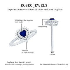 Blue Sapphire Heart and Diamond Double Halo Engagement Ring