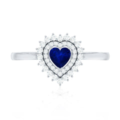 Blue Sapphire Heart and Diamond Double Halo Engagement Ring