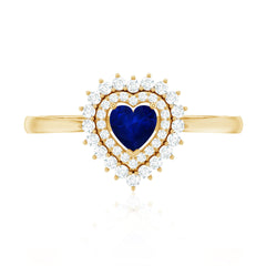 Blue Sapphire Heart and Diamond Double Halo Engagement Ring