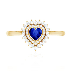 Certified Lab Grown Blue Sapphire Heart Engagement Ring with Diamond Double Halo