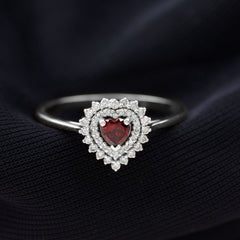 Real Garnet Heart Shaped Engagement Ring with Diamond Double Halo